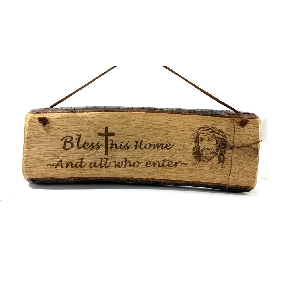 Handmade Oak Live Edge Wood Sign Bless This Home And All Who Enter Jesus Plaque - Picture 3 of 7